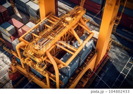 Aerial close up view of a cargo container ship at the pier of cargo seaport. Port cranes stack containers onboard a vessel. Global freight transportation and logistics concept. 3D illustration. Aerial close up view of a cargo container ship at the pier of cargo seaport. Port cranes stack containers onboard a vessel. Global freight transportation and logistics concept. 3D illustration. 104802433