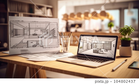 Workplace of an architect, interior designer, engineer. Laptop with a project on the monitor, blueprints, drawing tools and home decor on the table. Remote work concept. Mockup, 3D illustration. Workplace of an architect, interior designer, engineer. Laptop with a project on the monitor, blueprints, drawing tools and home decor on the table. Remote work concept. Mockup, 3D illustration. 104802437