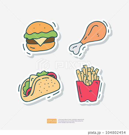 cheese burger bun, fried chicken, tortilla taco, potato french fries doodle icon. Fast food Cute doodle. Cuisine and drink Sticker Set Vector Illustration 104802454