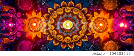 religious holiday diwali. burning oil in clay lamps, banner with ornament made with Generative AI 104802519