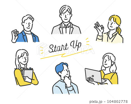 スタートアップ企業で働く若い男女のビジネスパーソンのイラスト素材 104802778