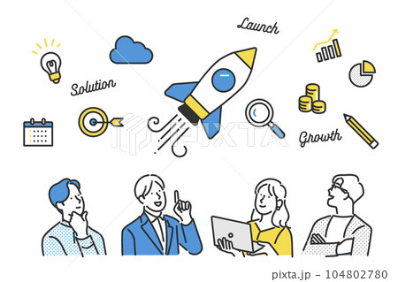 スタートアップで事業を考えるビジネスパーソンのイラスト素材 104802780