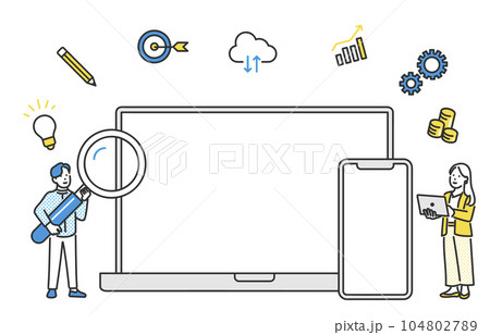 パソコン・タブレットを用いて紹介するイラスト素材 パソコン・タブレットを用いて紹介するイラスト素材 104802789
