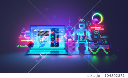 School of computer programming of robots for kids concept. Learning or education children coding on laptop, programming electronic constructor. Tech education, engineering, science study of child. 104802871