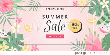 Summer sale banner with flowers, leaves and fruits. Hand drawn colorful trendy vector illustration Summer sale banner with flowers, leaves and fruits. Hand drawn colorful trendy vector illustration 104802872