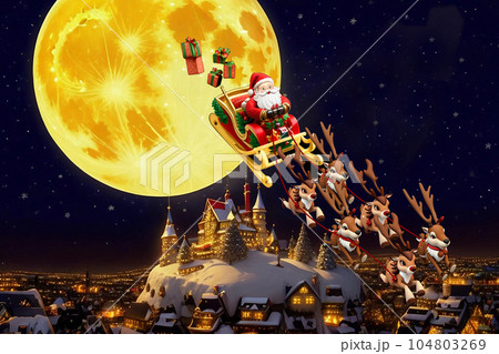 満月のサンタのソリがやって来るXmasの夜のAI生成画像 104803269