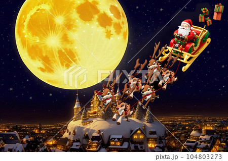 満月のサンタのソリがやって来るXmasの夜のAI生成画像 104803273