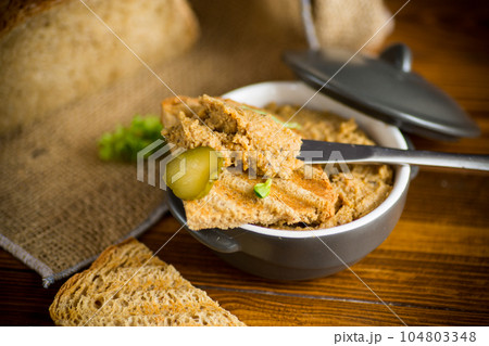 fried buckwheat croutons with cooked homemade pate fried buckwheat croutons with cooked homemade pate 104803348