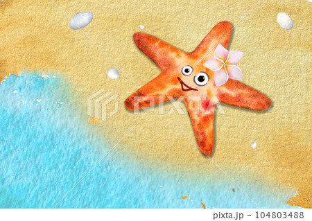 Watercolor illustration top view starfish sand beach ,shells,blue wave.Beautiful postcard or background. 104803488
