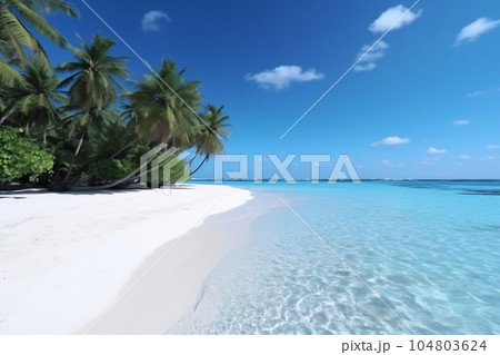 Tropical paradise beach with white sand and coco palms. Travel tourism wide panorama background concept 104803624
