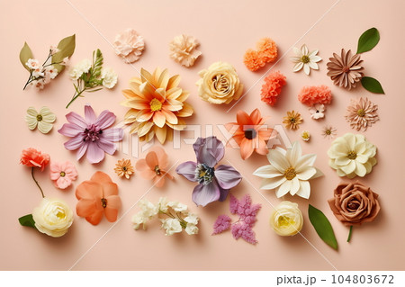 Arrangement of spring flowers against a pastel color background. Blooming concept. Flat lay Arrangement of spring flowers against a pastel color background. Blooming concept. Flat lay 104803672