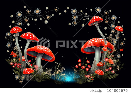 Amanita muscaria. Magic mushrooms. Psychedelic hallucination. Vibrant illustration. 60s 70s hippie colorful art Amanita muscaria. Magic mushrooms. Psychedelic hallucination. Vibrant illustration. 60s 70s hippie colorful art 104803676