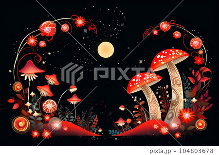 Amanita muscaria. Magic mushrooms. Psychedelic hallucination. Vibrant illustration. 60s 70s hippie colorful art Amanita muscaria. Magic mushrooms. Psychedelic hallucination. Vibrant illustration. 60s 70s hippie colorful art 104803678