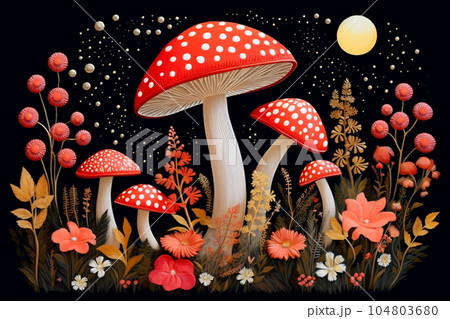Amanita muscaria. Magic mushrooms. Psychedelic hallucination. Vibrant illustration. 60s 70s hippie colorful art Amanita muscaria. Magic mushrooms. Psychedelic hallucination. Vibrant illustration. 60s 70s hippie colorful art 104803680