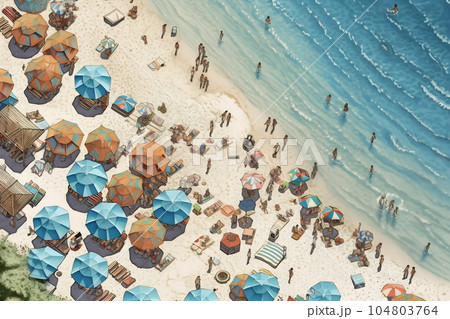 Aerial view of sandy beach with colorful umbrellas, swimming people in sea bay with transparent blue water in summer. Top view. Illustration 104803764