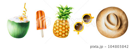 Watercolor set of illustrations with straw hat, pineapple, ice cream on a stick, coconut cocktail with straw and sunglasses. Tropical fruit isolated on white background. For designers, spa decoration, Watercolor set of illustrations with straw hat, pineapple, ice cream on a stick, coconut cocktail with straw and sunglasses. Tropical fruit isolated on white background. For designers, spa decoration, 104803842