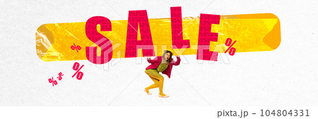 Contemporary art collage. Young woman emotionally showing information about big sales, price reduction. Creative design 104804331