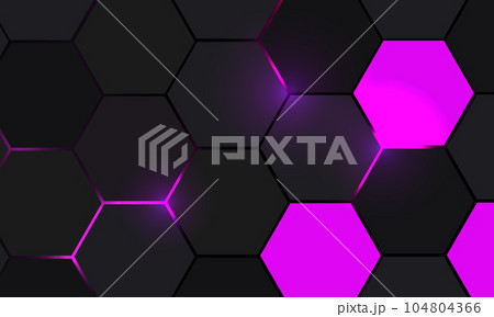 Purple and dark gray hexagonal technology abstract vector background. Violet bright flashes under hexagon. Dark honeycomb texture grid. Purple and dark gray hexagonal technology abstract vector background. Violet bright flashes under hexagon. Dark honeycomb texture grid. 104804366