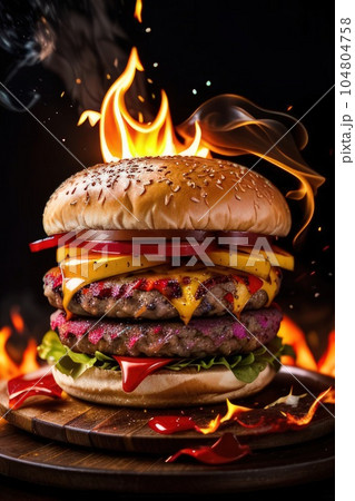 Delicious hamburger or burger with fire on black background. Vertical orientation. Generative AI Delicious hamburger or burger with fire on black background. Vertical orientation. Generative AI 104804758