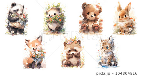Set of cute baby woodland animals ffox, raccoon, lynx, hedgehog, badger, hare, bear Illustration isolated drawings by hand. Perfect for nursery poster. 104804816