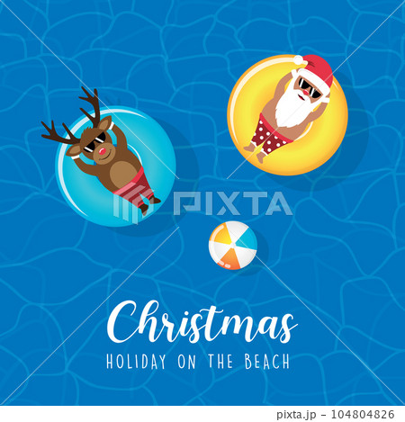 cute santa claus and deer relaxing on float ring in water on the beach christmas design 104804826