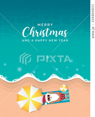 cute santa claus lying on the beach under parasol cute santa claus lying on the beach under parasol 104804831