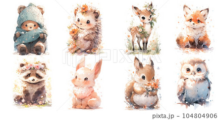 Set of cute baby woodland animals squirrel, raccoon, deer, bear, owl, hedgehog, hare, fox Illustration isolated drawings by hand. Perfect for nursery poster. Set of cute baby woodland animals squirrel, raccoon, deer, bear, owl, hedgehog, hare, fox Illustration isolated drawings by hand. Perfect for nursery poster. 104804906