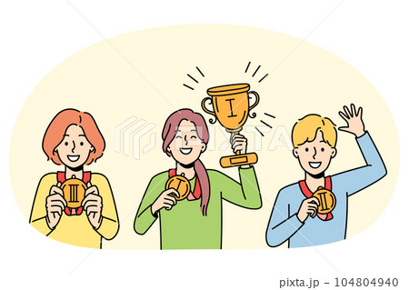 Happy kids with medals celebrate success in competition 104804940