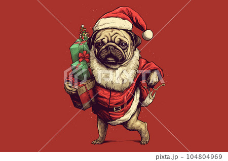 Cute pug dog in santa claus costume. in graphic illustration style. Vector illustration 104804969