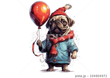 Merry christmas, pug holding a balloon, characteristic comic art style. Vector illustration 104804972