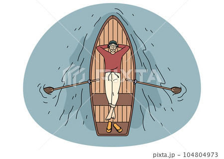 Happy old man lying relaxing in boat 104804973