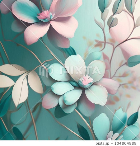 Pastel watercolor flowers with stems and leaves. Watercolor art background. 104804989