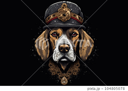 Cute dog with a collar and a hat on a dark background. Vector illustration 104805078