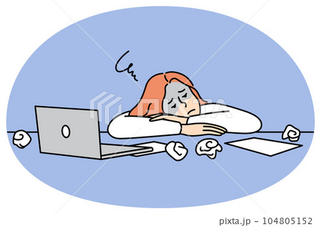 Tired woman employee lying on desk 104805152