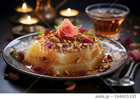 Enchanting image of Balooza, a traditional Emirati dessert, with rose-infused vermicelli, saffron, nuts, and delicate rose petals, inviting indulgence Enchanting image of Balooza, a traditional Emirati dessert, with rose-infused vermicelli, saffron, nuts, and delicate rose petals, inviting indulgence 104805185