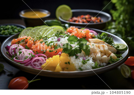 A vibrant Chilean Ceviche dish featuring marinated raw seafood with zesty citrus flavors, beautifully presented and inviting viewers to savor its refreshing and invigorating taste 104805190