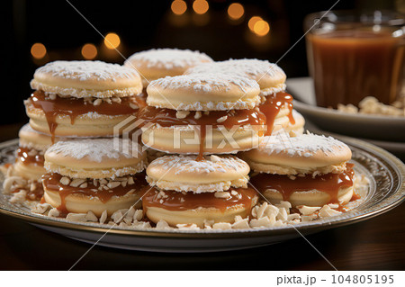 Alfajores - delicate sandwich cookies with a dulce de leche filling, elegantly presented with powdered sugar and rich chocolate, inviting indulgence 104805195