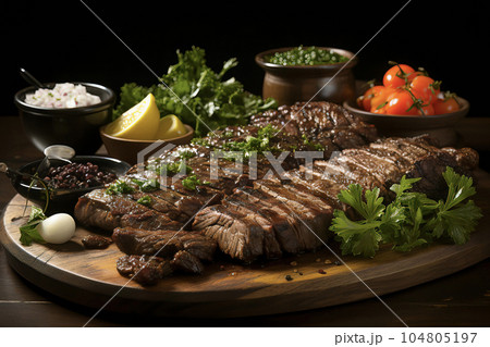 Carne de Sol, a rustic and savory Brazilian dish featuring tender grilled or fried sun-dried salted beef, accompanied by classic side dishes like cassava, beans, and farofa 104805197