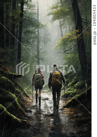 Couple of hikers walk through the forest in rainy weather. Couple of hikers walk through the forest in rainy weather. 104805433