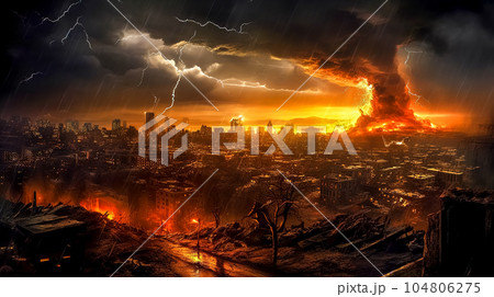 apocalypse in the city, lightning storm and atomic bomb explosion, made with Generative AI apocalypse in the city, lightning storm and atomic bomb explosion, made with Generative AI 104806275