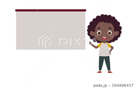 Cute little girl points his finger at the empty board. Template for children design. Cartoon schoolgirl character. Vector illustration 104806457