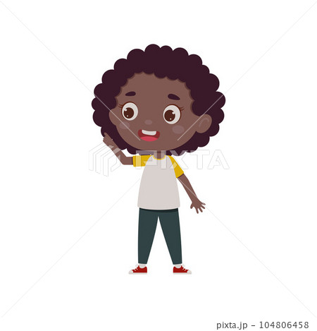 Cute little kid girl with great idea. Template for children design. Cartoon schoolgirl character show facial expression. Vector illustration 104806458