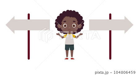 Cute little girl looking at road sign and decide the right way. Template for children design. Cartoon schoolgirl character. Vector illustration 104806459