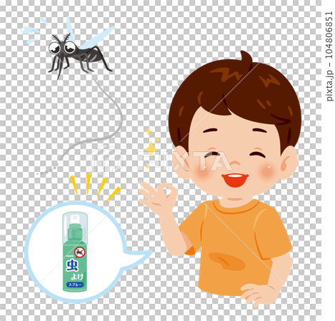一個拿著驅蟲噴霧的男孩和一隻逃跑的蚊子 一個拿著驅蟲噴霧的男孩和一隻逃跑的蚊子 104806851