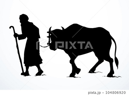 Vector drawing. A man leads an ox Vector drawing. A man leads an ox 104806920