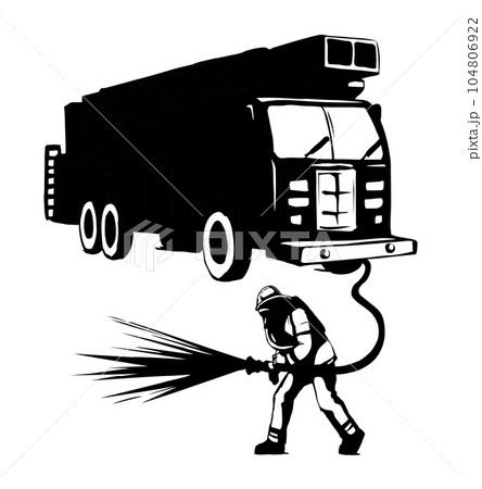 Vector drawing. Firefighter puts out the fire 104806922