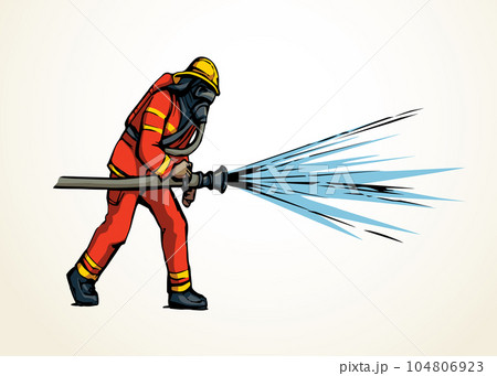 Vector drawing. Firefighter puts out the fire Vector drawing. Firefighter puts out the fire 104806923