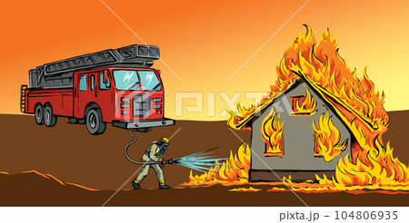 Vector drawing. Firefighter puts out the fire Vector drawing. Firefighter puts out the fire 104806935
