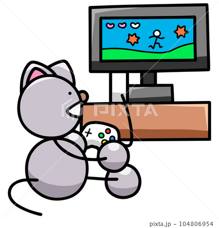 テレビゲームで遊ぶにゃんまるのイラスト　猫 104806954