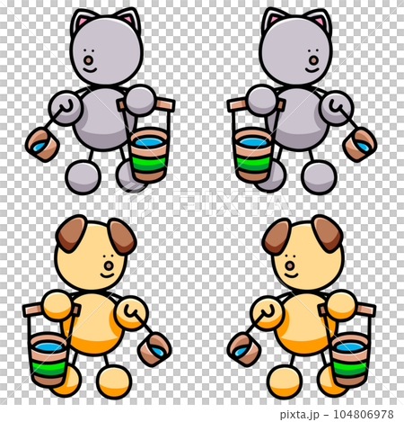水をまくわんまるとにゃんまるのイラストセット　犬　猫 104806978